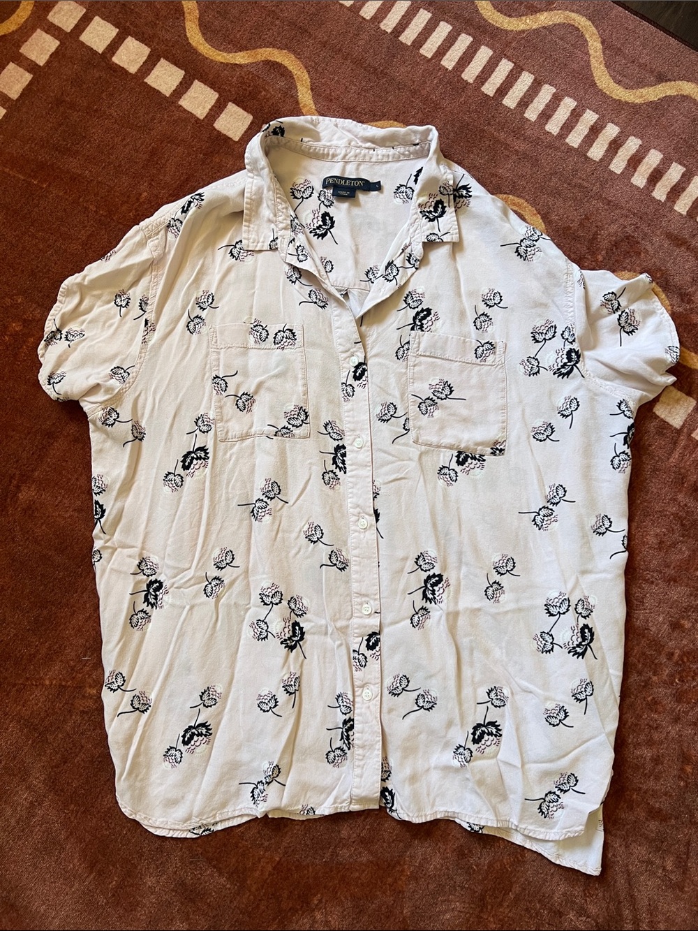 Pendleton White Short-Sleeve Button-Down with Black Floral Motif